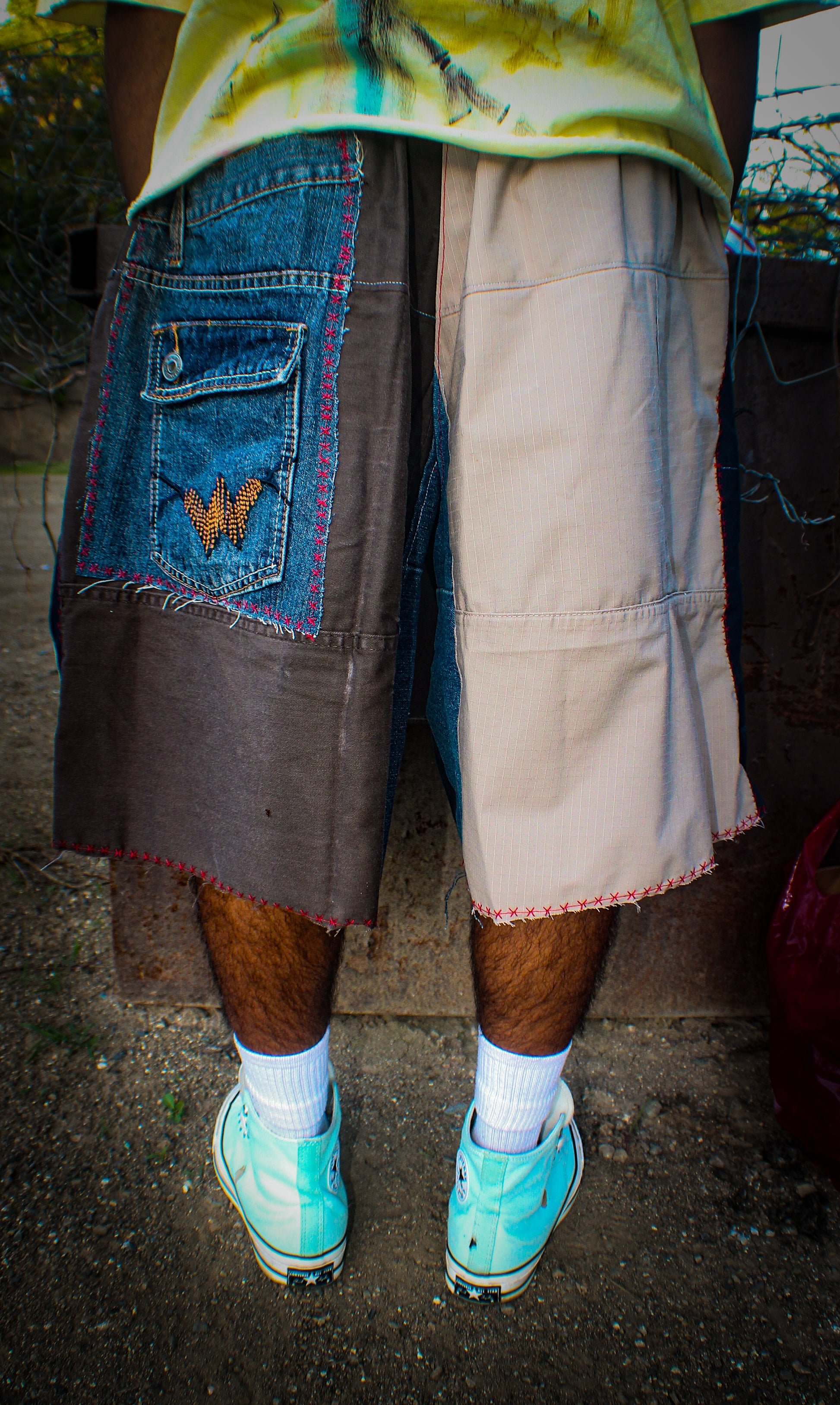DENIM ON DENIM RECONSTRUCTED PANTS