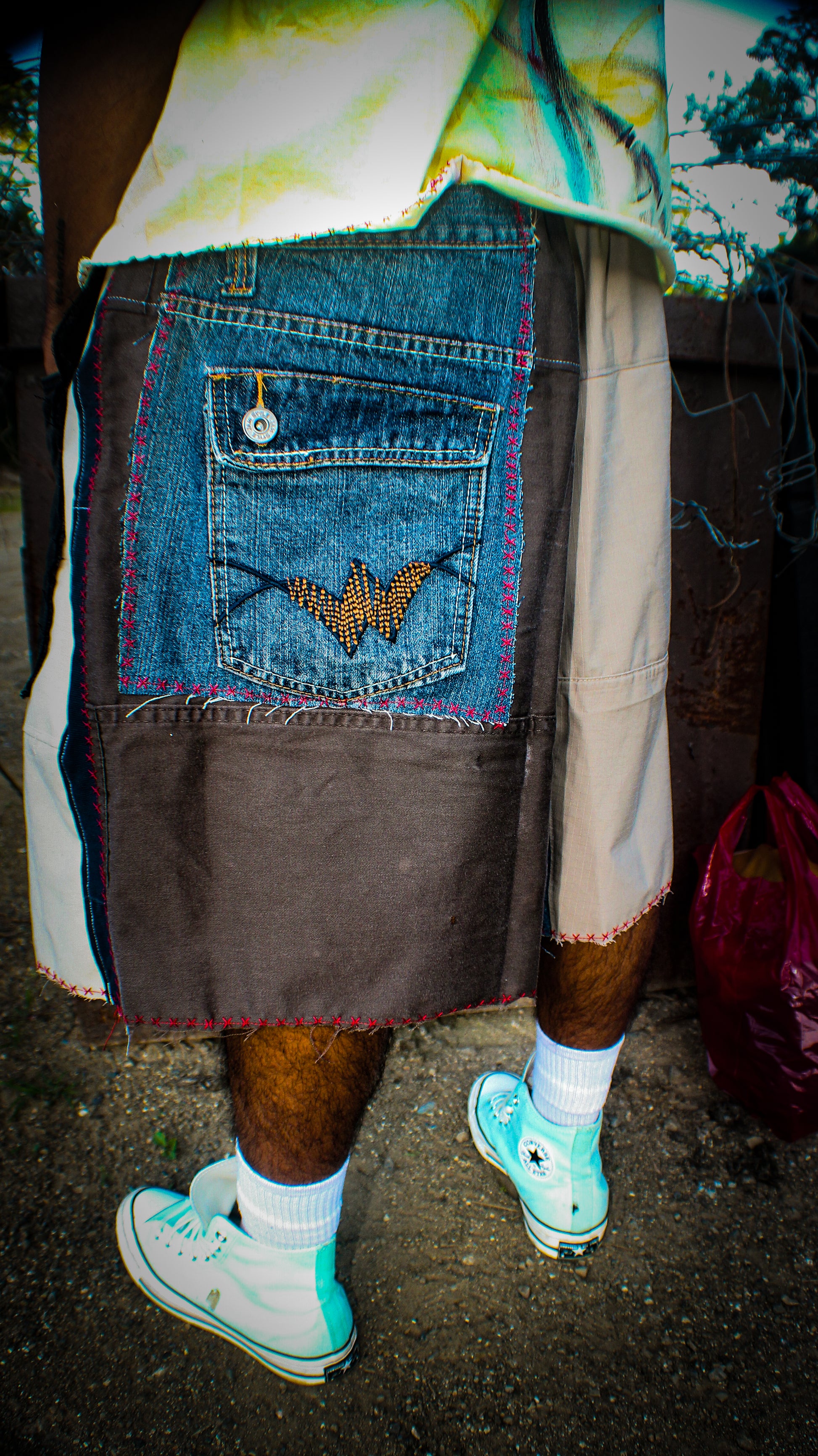 DENIM ON DENIM RECONSTRUCTED PANTS